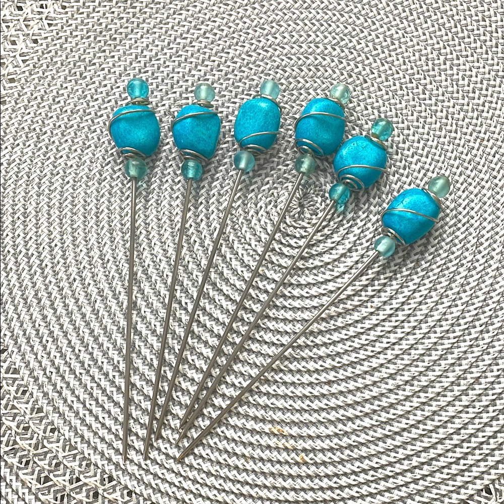 Pottery Barn Cocktail Aqua Stone Picks- set of 6